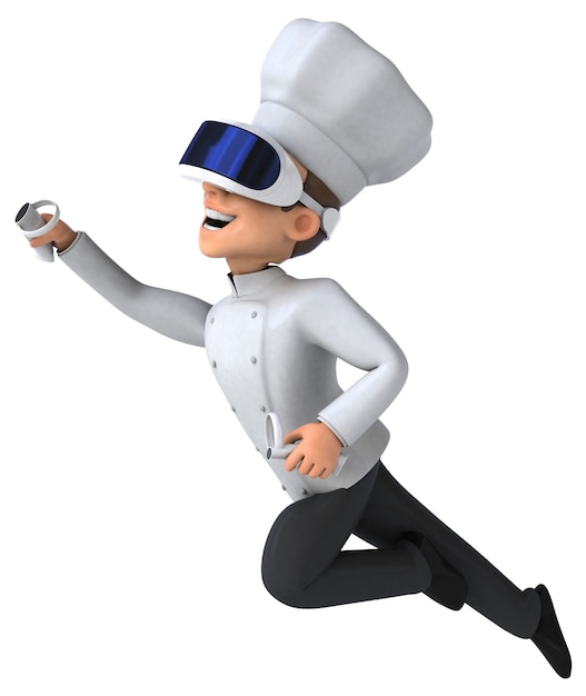 Ilustração 3D divertida de um chef com um capacete de realidade virtual