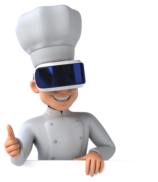 Ilustração 3d divertida de um chef com um capacete de realidade virtual