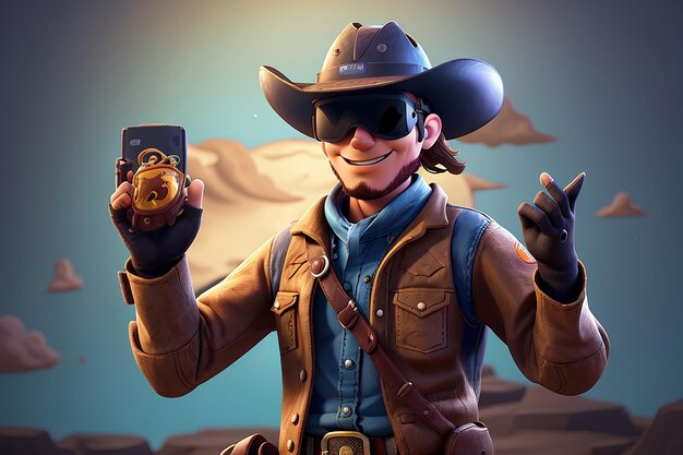 Ilustração 3D divertida de um cowboy com um capacete VR