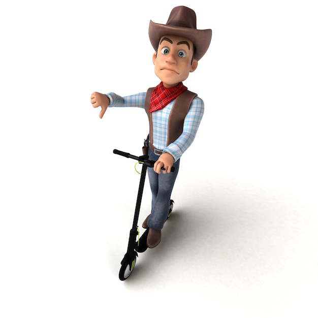 Ilustração 3D divertida de um cowboy divertido em uma scooter elétrica