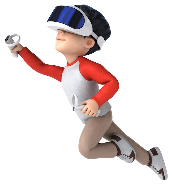 Ilustração 3D divertida de um garoto de desenho animado com um capacete de realidade virtual
