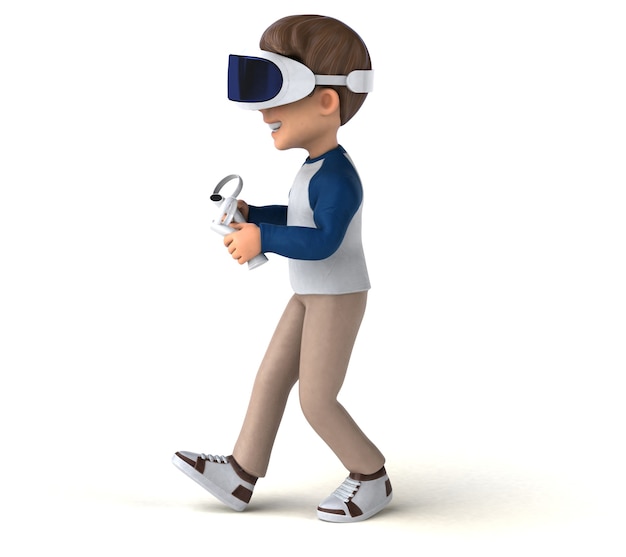 Ilustração 3D divertida de um garoto de desenho animado com um capacete de realidade virtual