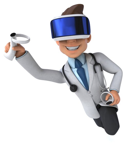 Ilustração 3D divertida de um médico com um capacete de realidade virtual