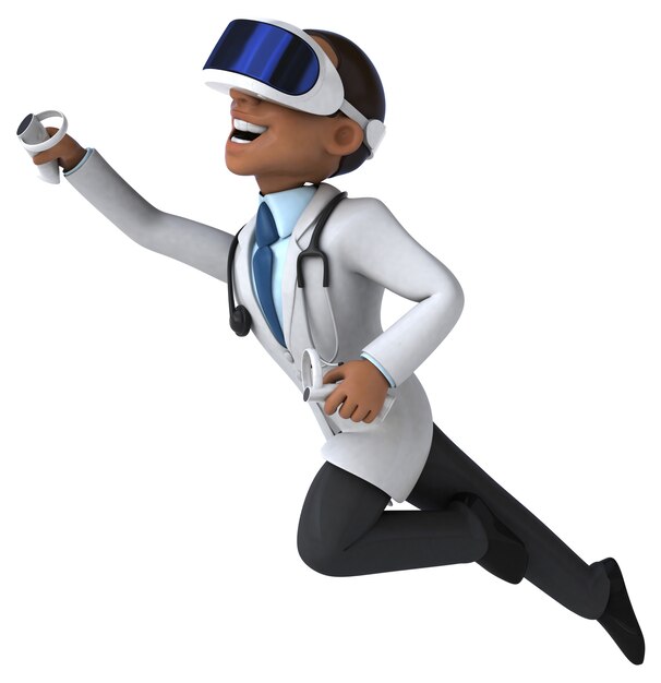 Ilustração 3D divertida de um médico com um capacete de realidade virtual