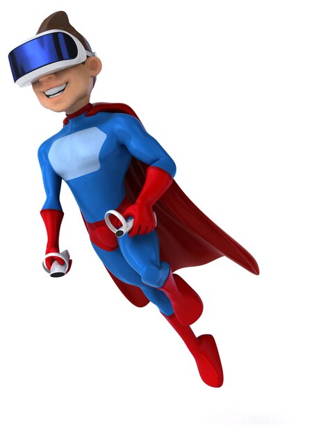 Ilustração 3D divertida de um super-herói com um capacete de realidade virtual