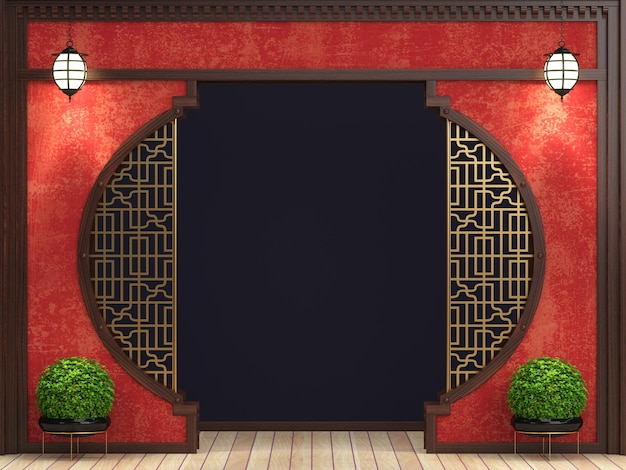 ilustração 3d divisória de parede do leste asiático vermelho e dourado com tela deslizante de ouro