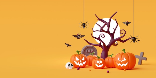 Ilustração 3d do banner de feliz dia das bruxas jack o lantern abóboras com morcego e aranha ao redor da árvore morta