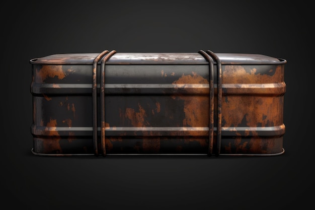 Ilustração 3D do barril de metal enferrujado com óleo no fundo preto