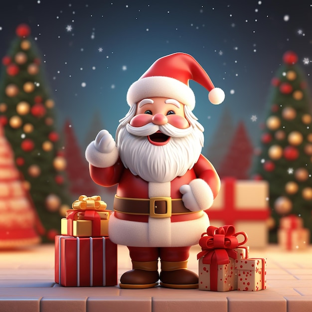 Ilustração 3D do bonito Papai Noel comemorando com caixas de presentes e uma árvore de Natal ao fundo