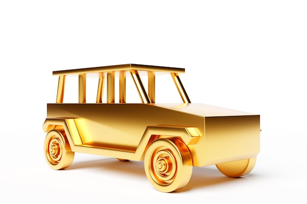 ilustração 3D do carro dourado de brinquedo de uma criança no fundo branco isolado