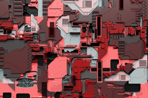 Ilustração 3D do Close up da armadura cibernética preta e vermelha em luzes de neon. Gráficos abstratos no estilo de jogos de computador.