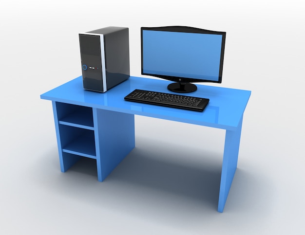 Ilustração 3D do computador com mesa. Ilustração renderizada em 3D