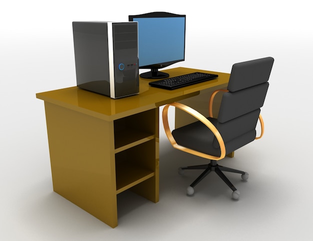Ilustração 3D do computador com mesa. Ilustração renderizada em 3D
