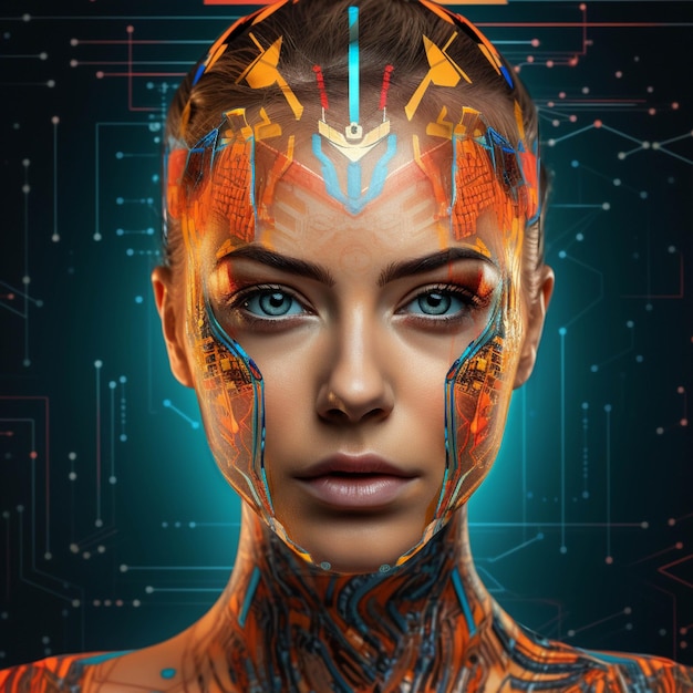 Ilustração 3d do conceito de inteligência artificial do rosto de mulher futurista com interface digital