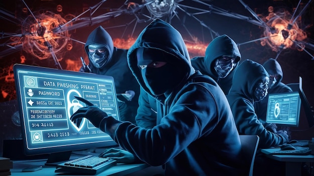 Ilustração 3D do conceito de phishing de dados hacker e cibercriminosos phishing roubando perso privado