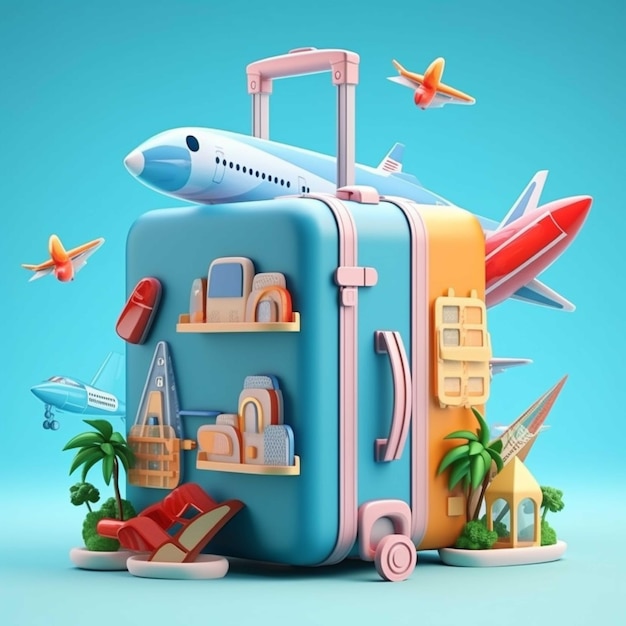 Ilustração 3D do conceito de viagem com mala e avião em fundo azul