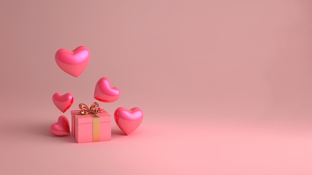 Ilustração 3d do coração e da caixa de presente isolada no fundo rosa com espaço da cópia