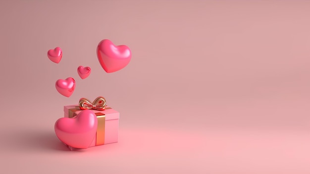 Ilustração 3d do coração e da caixa de presente isolada no fundo rosa com espaço da cópia