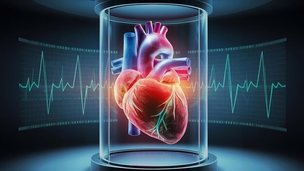 Ilustração 3D do coração humano e das tecnologias digitais de cardiograma na medicina