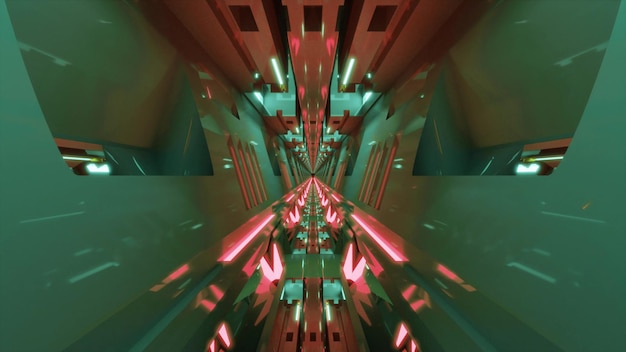 Ilustração 3D do corredor simétrico em neon 4K UHD