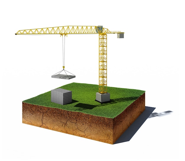 Foto ilustração 3d do cubo de terra com vista aérea em corte do solo com guindaste e blocos de concreto isolados