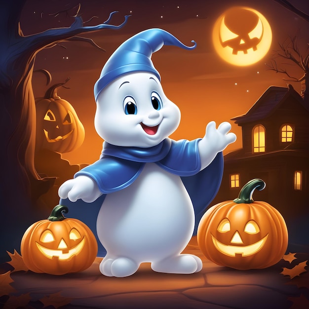 Ilustração 3D do desenho bonito de Casper como boneco de neve com abóbora de Halloween