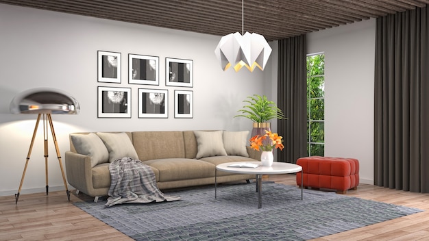 Ilustração 3D do design de interiores da sala de estar