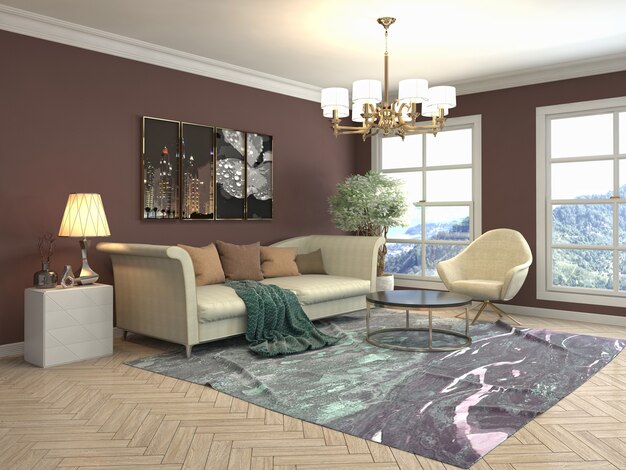 Ilustração 3D do design de interiores da sala de estar