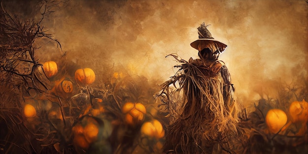 Ilustração 3D do espantalho de Halloween. fundo de dia das bruxas