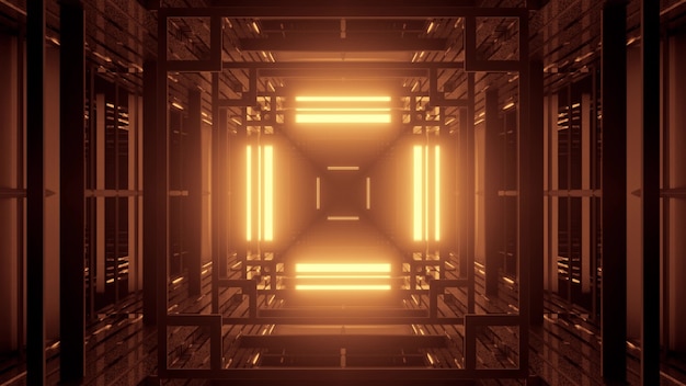 Ilustração 3D do fundo abstrato 4K UHD de um corredor em forma de quadrado brilhante com iluminação de néon vívida
