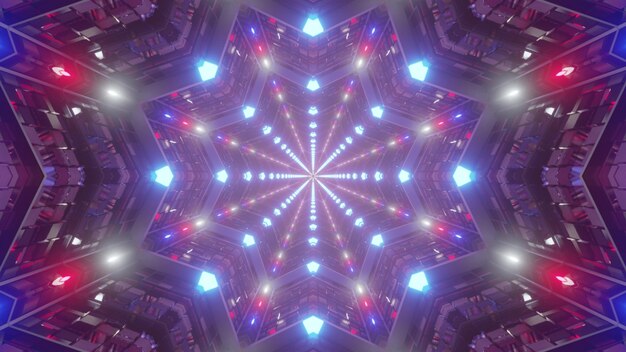 Ilustração 3d do fundo abstrato 4k uhd de um túnel em forma de estrela infinita brilhante no estilo da bandeira americana iluminada por cores neon vermelho e azul