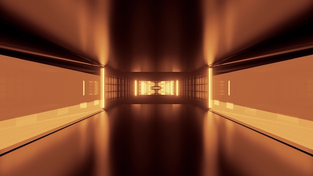 Ilustração 3D do fundo abstrato 4K UHD do corredor geométrico sem fim brilhando com luz de néon sépia