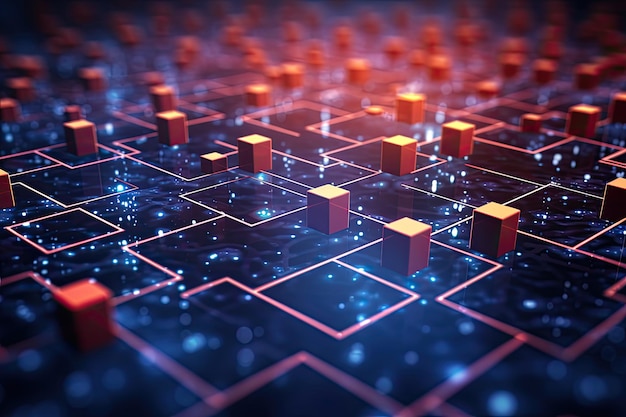 Ilustração 3D do fundo de tecnologia abstrata Renderização 3D da placa de circuito Conexões digitais abstratas com dados e tecnologia blockchain AI gerada