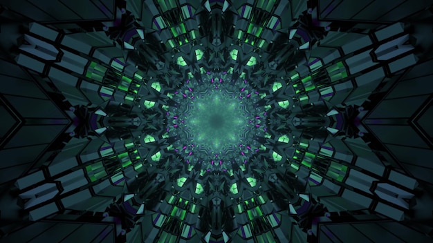 Ilustração 3D do fundo geométrico abstrato do túnel ornamental com iluminação de néon verde
