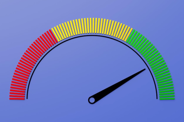 ilustração 3D do ícone de velocidade de medição de velocidade O ponteiro do velocímetro do ícone do velocímetro colorido aponta para a cor normal verde