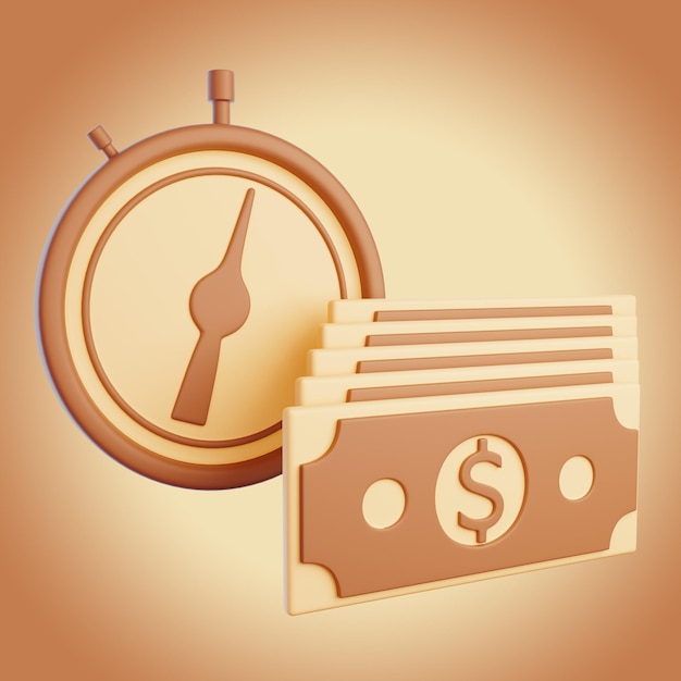 Ilustração 3D do ícone do cronômetro e do dinheiro