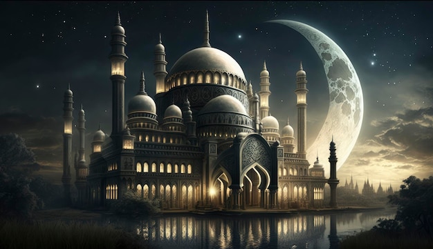 Ilustração 3D do incrível design de arquitetura do conceito de ramadã da mesquita muçulmana ilustração do design de arquitetura incrível do conceito de ramadã da mesquita muçulmana Gerar Ai