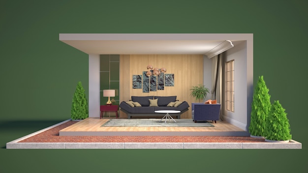 Ilustração 3D do interior da sala de estar em uma caixa