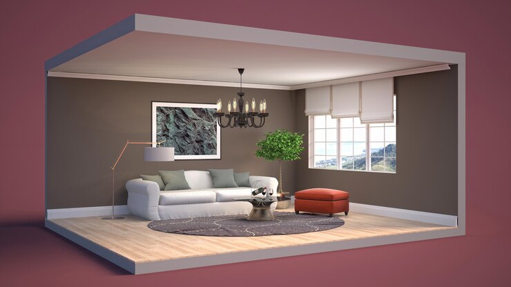 Foto ilustração 3d do interior da sala de estar em uma caixa
