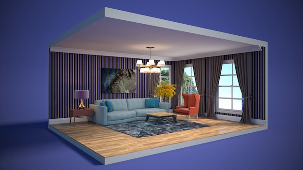 Ilustração 3D do interior da sala de estar em uma caixa
