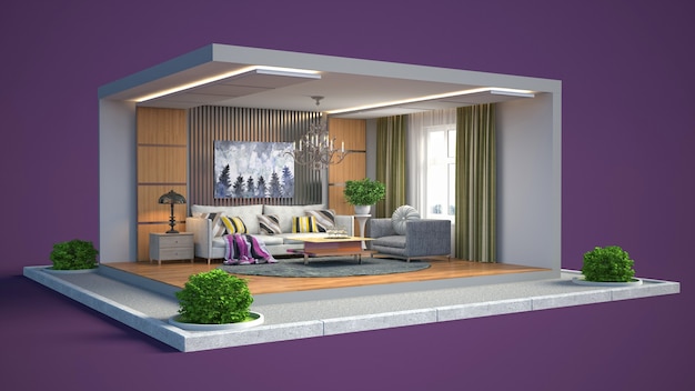 Ilustração 3D do interior da sala de estar em uma caixa
