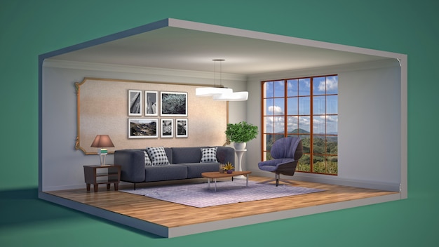 Ilustração 3D do interior da sala de estar em uma caixa