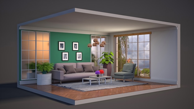 Ilustração 3D do interior da sala de estar em uma caixa