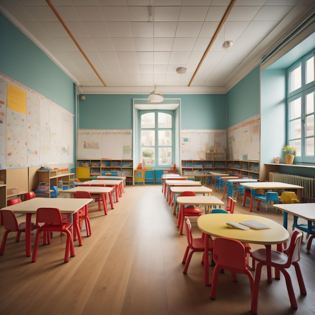 Foto ilustração 3d do interior de uma sala de aula escolar com mesas e cadeiras de volta às aulas