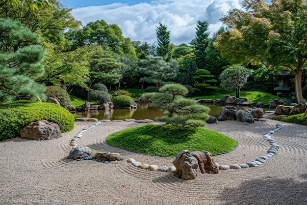 Ilustração 3D do jardim zen jardim japonês