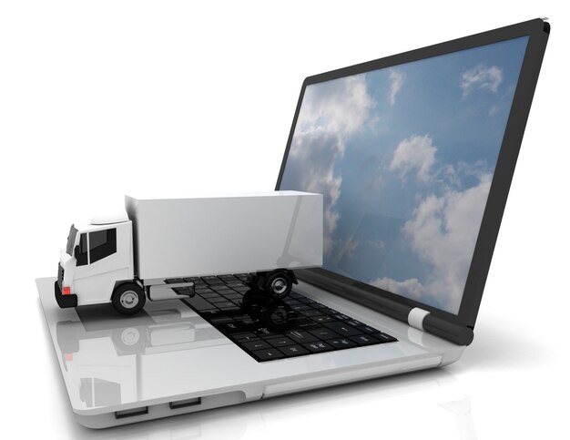 Ilustração 3D do laptop e do truck.3d