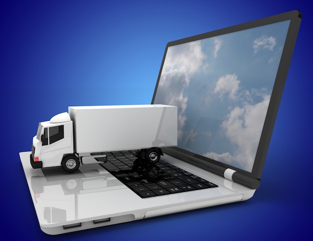 Ilustração 3d do laptop e do truck.3d