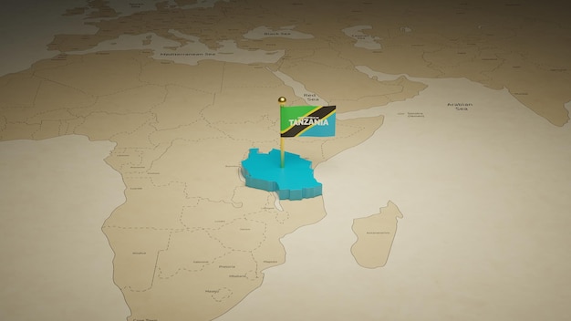 ilustração 3D do mapa da Tanzânia com bandeira no mapa do mundo