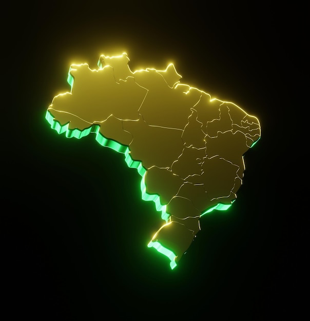 Foto ilustração 3d do mapa do brasil dourado com reflexos de luz verde e amarelo isolados em preto