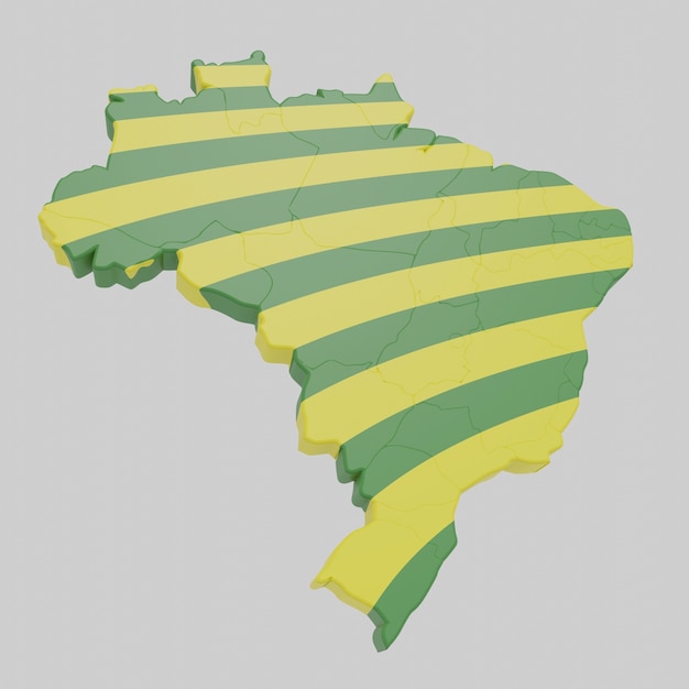 Ilustração 3D do mapa do Brasil em verde com listras diagonais curvas em amarelo em fundo cinza